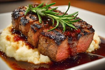Grilled filet mignon steak cooked medium rare with demi glace sauce