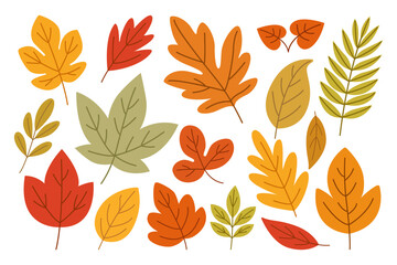 Collection of Stylized Autumn Leaves – Flat Hand Drawn Illustration of Colorful Leaves in Warm Hues for Fall Crafts, Paper Design, and Seasonal Projects