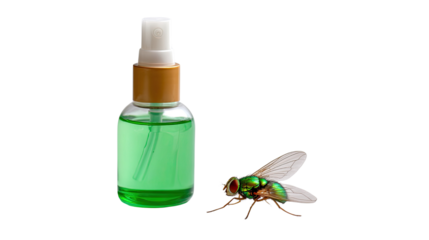 Insect Repellent Spray and Fly: A small bottle of green insect repellent spray sits beside a metallic green fly.  The contrast highlights the effectiveness of the product.
