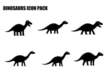 Dinosaur silhouettes in various poses on a white background. Simple, black silhouettes of different dinosaur species, displayed in profile views, showing various poses and species.
