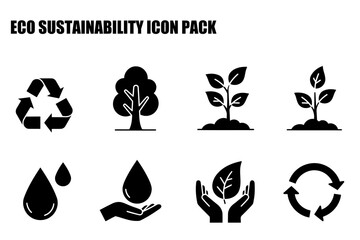 Eco sustainability icons depicting recycling, trees, water, and plant growth.