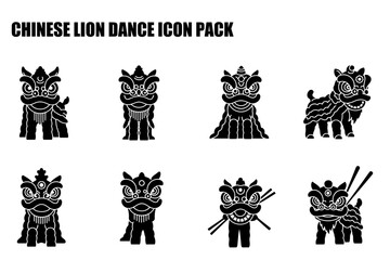 Chinese lion dance icons in various poses on a white background.