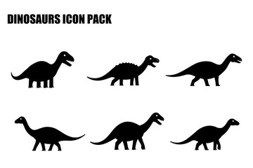 Dinosaur silhouettes in a set of icons. Simple, black silhouettes of various dinosaurs in profile view against a plain white background.