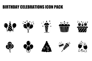 Birthday celebration icons, various party items in a flat design. Collection of party supplies for a celebration event.