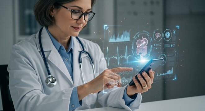 Doctor uses phone with holographic medical data overlay