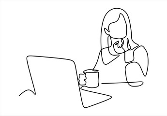 Woman with a laptop.  line icon-continuous line drawing. Editable stroke.