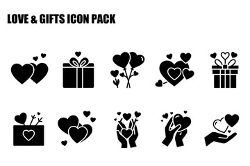 Love and gift icons in various actions and settings. Collection of simple black and white icons, showcasing different ways to express love and gift giving.