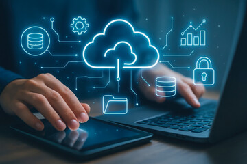 Hands interacting with digital cloud technology and data icons on a laptop and tablet