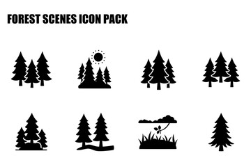 Forest scenes icon pack depicting various forest landscapes. Silhouetted illustrations of evergreen trees in different groupings, with sun and grass, representing nature scenes.