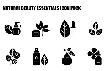 Natural beauty essentials icons depicting various products. Black and white illustrations of lotion, serum, spray, dropper, and other cosmetic products with leaves and flowers.