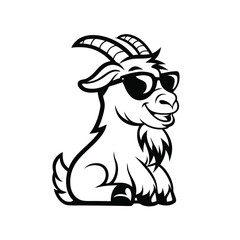Cool goat wears sunglasses while sitting with a smile in a simple black design