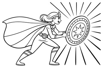 A brave female superheroine holding a glowing shield, ready for action. Simple line art for a children's coloring book, black and white, with thick outlines