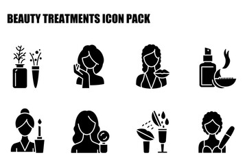 Beauty treatments icons featuring diverse female demographics in various beauty salon settings. Women applying skincare, cosmetic procedures, and treatments against a plain background.