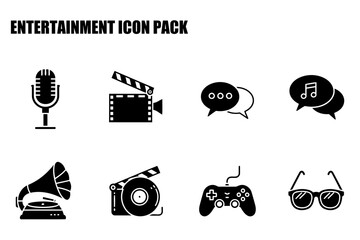 Entertainment icons in a flat design style. Simple, black and white icons representing various entertainment elements.
