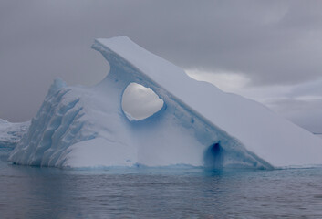 Closeup of an unusual iceberg floating in the Antarctic Peninsula in Antarctica

