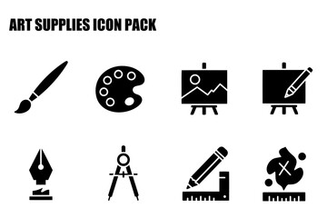 Art supplies icon pack featuring various tools and equipment for artists and designers. Simple, black and white icons in a collection.