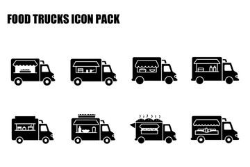 Food truck icons in various configurations with food displays. Simple, stylized food truck icons for use in a variety of applications. Collection of food trucks. general use -