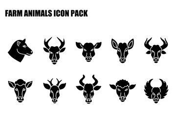 Farm animal icons in black and white silhouette style. Collection of animal head portraits in front view.
