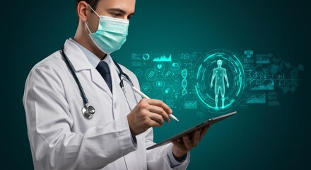 Doctor uses tablet with holographic medical data