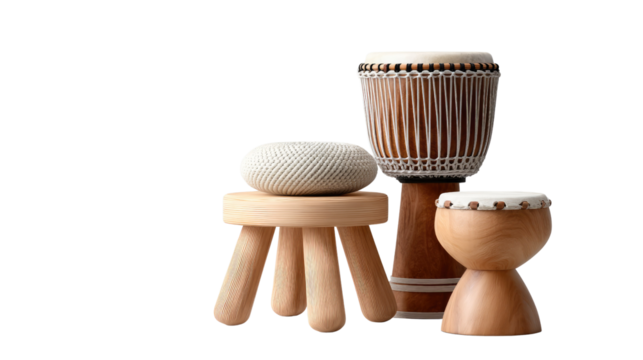 Rhythmic Harmony: A collection of African drums and a unique wooden stool, carefully arranged. Each item exudes a sense of rhythm and cultural richness.