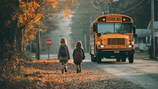 Two young girls walking down a leafy autumn road towards a school bus in the morning.