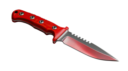 Sleek Tactical Knife: A close-up shot captures a red-handled tactical knife, highlighting its sharp steel blade and rugged design, perfect for outdoor adventures and survival situations.