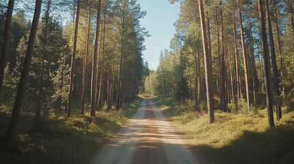 Fototapeta premium Rural road on the forest full of tall trees on a sunny summer day