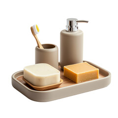 A bathroom essentials set with a toothbrush holder, soap bar, and a matching tray. isolate on transparent background