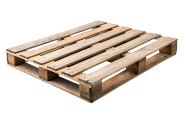 A solitary stack of wooden pallets isolated on a white background, featuring the brown timber used in shipping and warehouse storage