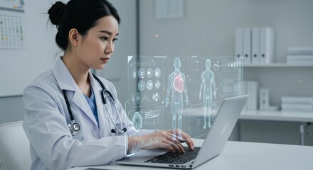 Doctor using laptop with holographic medical visualizations