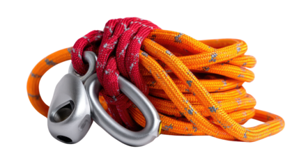 Climbing Gear for Adventure: A close-up shot displays the vibrant equipment of climbing with robust orange rope and silver carabiner for extreme sports enthusiasts and outdoor adventurers