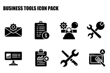 Business tools icons in a collection of simplified, solid icons. Various business tools displayed as an array of icons, each depicting a different process or action in a user-friendly format.