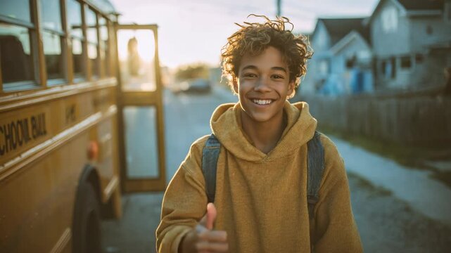 Portrait of a smiling teenage boy giving a thumbs up in front of a school bus.