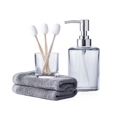 Contemporary Bathroom Essentials Glass Dispenser Swab Jar and Hand Towel