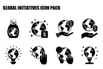 Global initiatives icon pack depicting various actions related to Earth and finance.