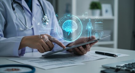Doctor using tablet with brain graphic overlay