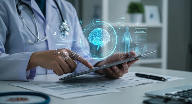 Doctor using tablet with brain graphic overlay