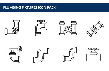 Plumbing fixtures icon set depicting various types of pipes, valves, and connections. Line drawing illustrations of different plumbing components against a white background.