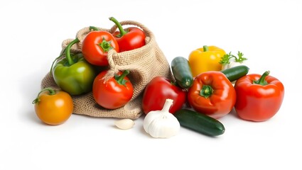 Fresh, colorful vegetables like red tomatoes, green peppers, and yellow onions, isolated on a white background, form a healthy collection of raw ingredients for a vibrant salad