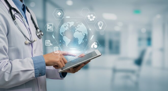 Doctor using tablet with global health icons (1) - Powered by Adobe