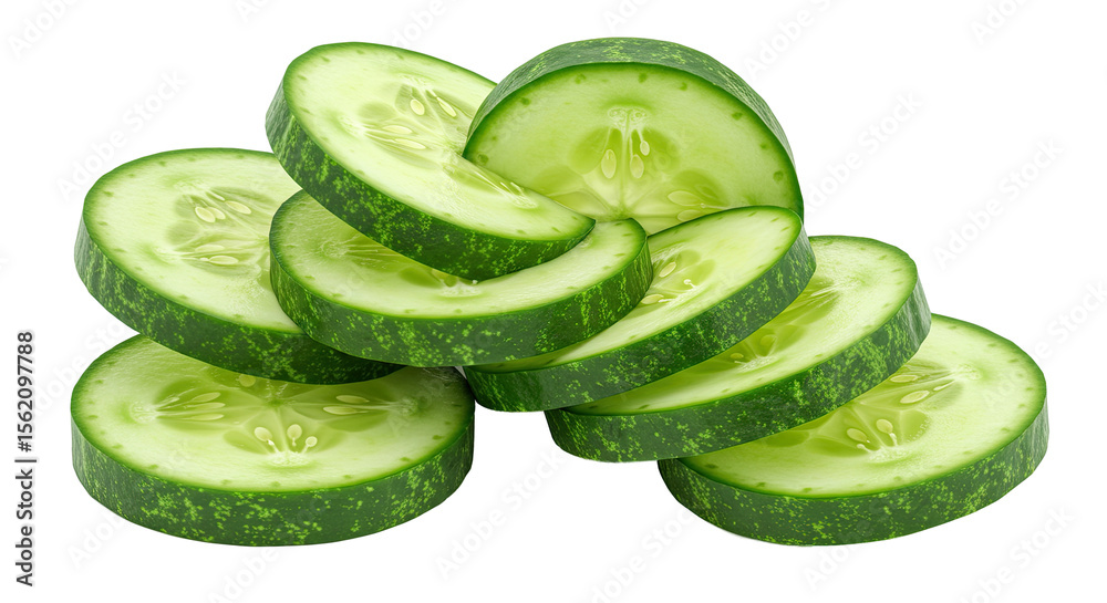 Poster Fresh cucumber slices arranged in a pile showcasing their vibrant green color
