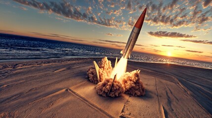 Missile Captured Mid-Flight with Exhaust Trail Against Sky