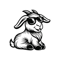 Cool monochrome goat mascot with sunglasses sits relaxed against a white backdrop