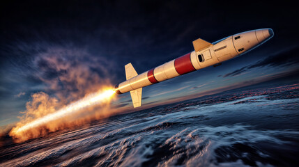 Missile Captured Mid-Flight with Exhaust Trail Against Sky