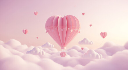 Whimsical pink hot air balloon floats among soft clouds with heart decorations
