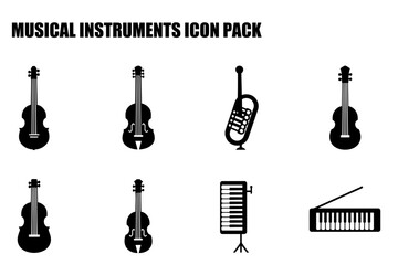 Musical instrument icons in silhouette. Simple black and white illustrations of various instruments in a set.
