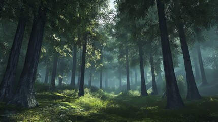 Scandinavian forest with tall trees and lots of green moss