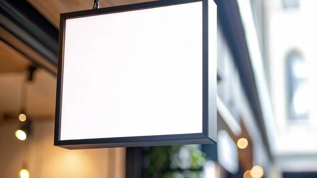 Blank illuminated square sign hanging from a modern building with lights visible through windows for customizable business or marketing display.