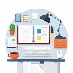 Flat vector drawings of common office items- notebook, pen, keyboard, coffee mug, desk lamp