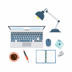 Flat vector drawings of common office items- notebook, pen, keyboard, coffee mug, desk lamp